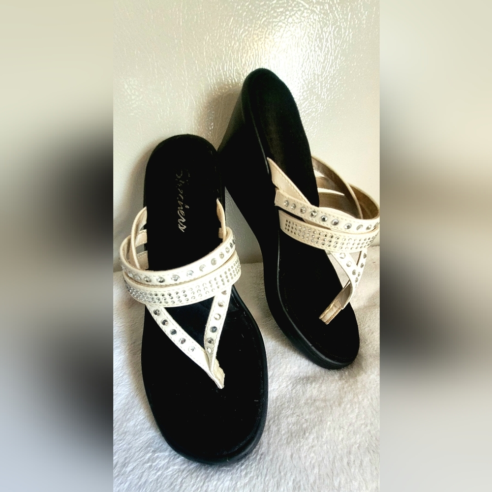Skechers Black and White Embellished Wedge Sandals